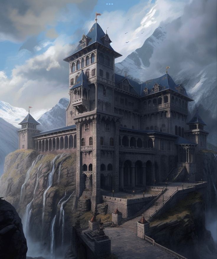 a castle on top of a mountain with a waterfall in the foreground and mountains in the background