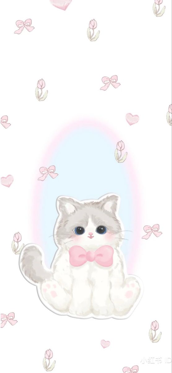 a white cat with a pink bow tie sitting on top of a flowery background