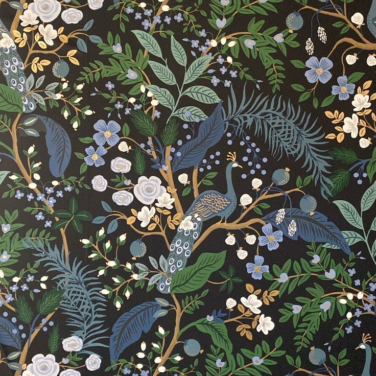 an image of a wallpaper with flowers and birds in the tree pattern on it