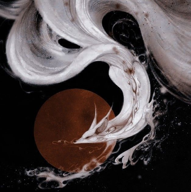 an abstract painting with white and brown swirls in the center on a black background