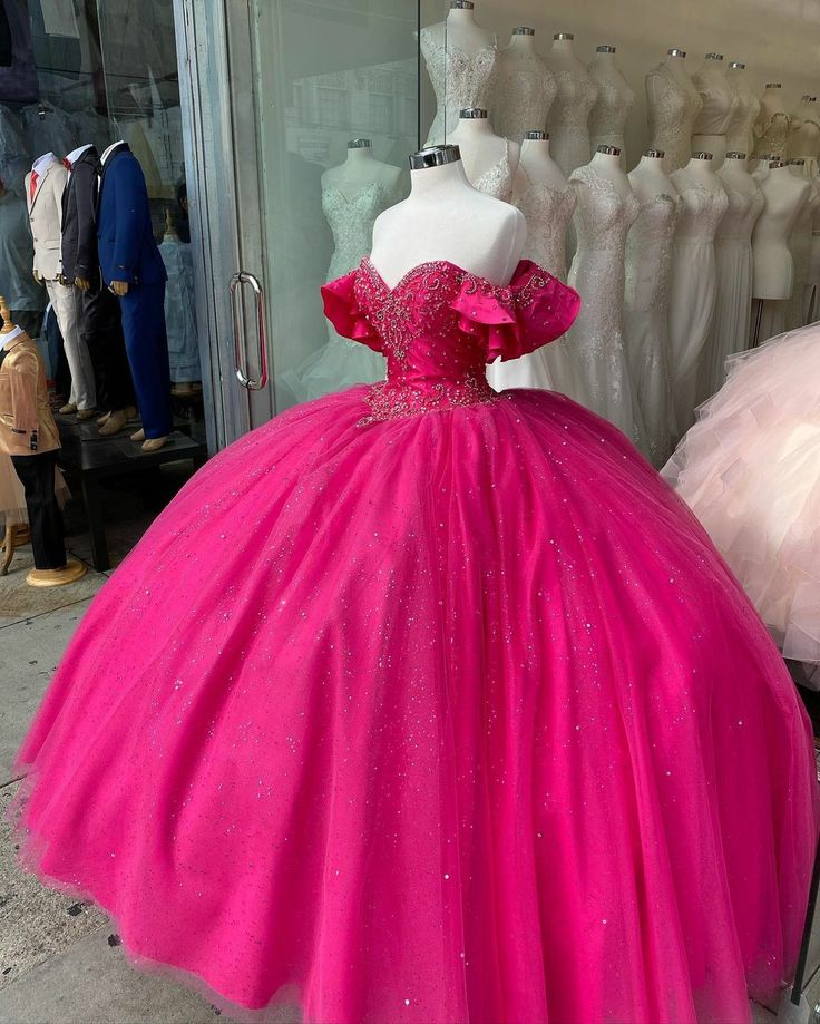 Neon Quinceanera Dresses, Quinceanera Dresses Dark Pink, Fusia Pink Quince Dress, Fushia Quinceanera Dresses, Quinceanera Dresses Fushia, Sweet 16 Hot Pink Theme, Fuschia Quinceanera Dresses, Hot Pink Quince Theme, Bright Pink Quinceanera Dresses