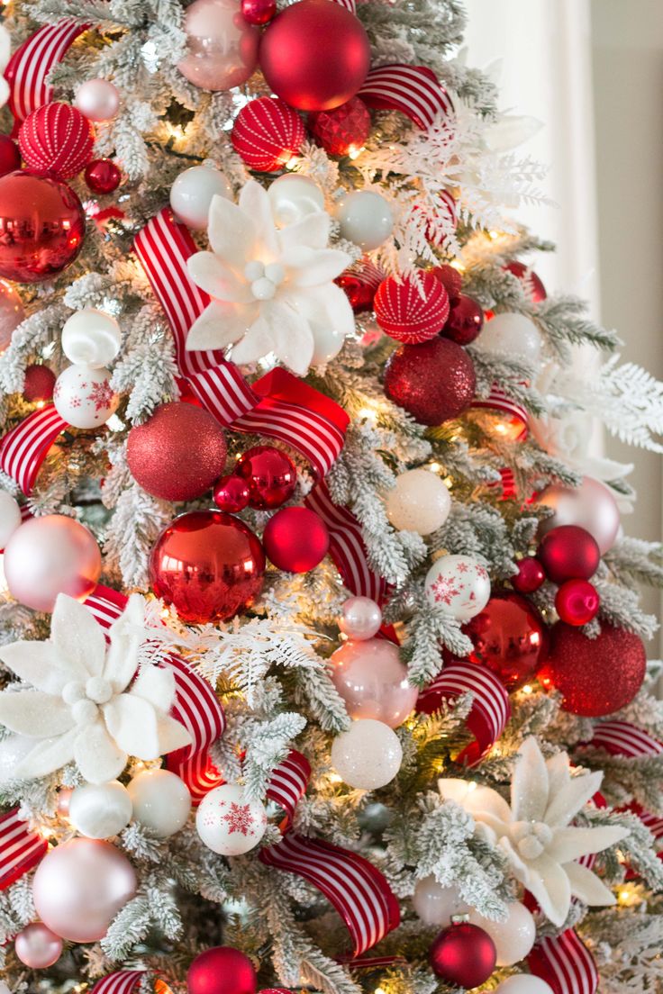 a decorated christmas tree with red and white ornaments