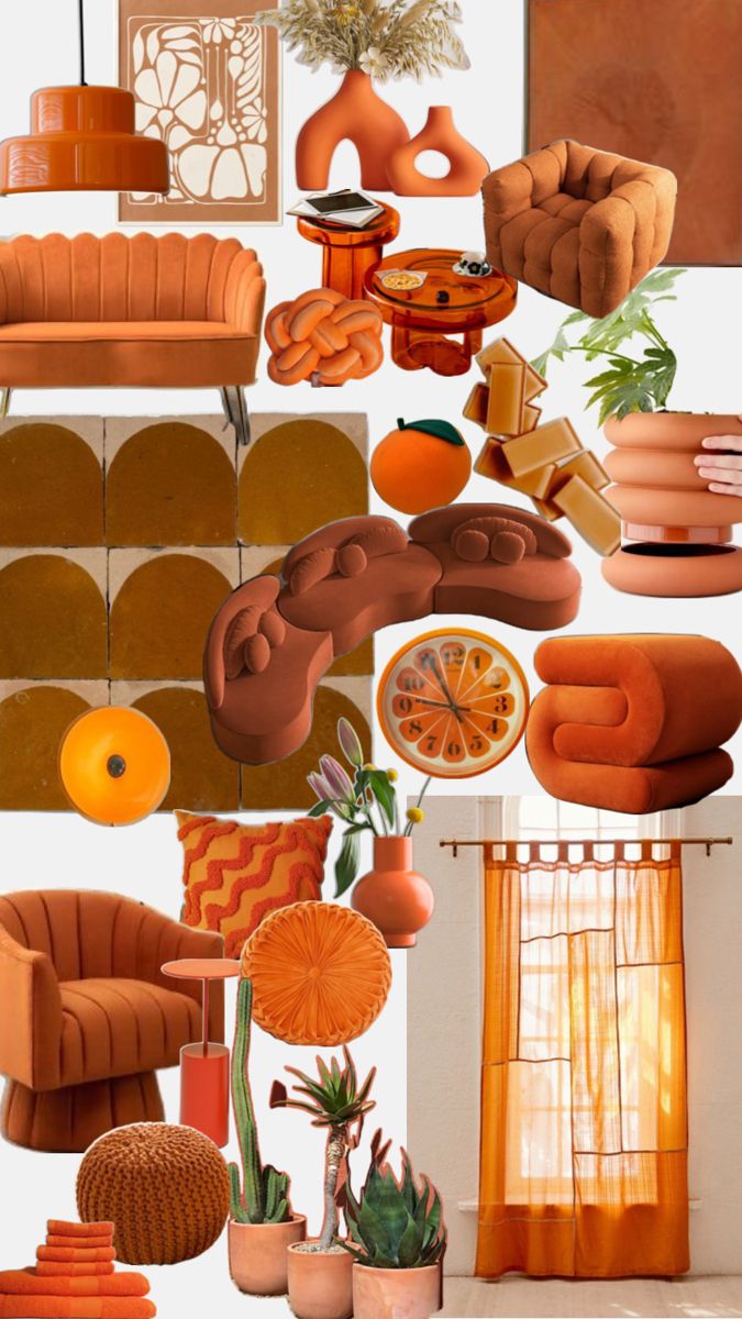 a collage of oranges, couches, and other furniture in various colors