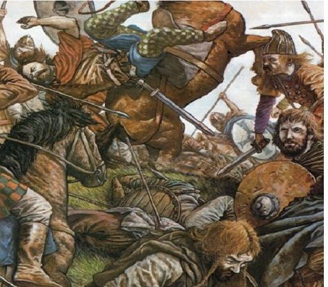 an image of a battle with men on horses and people in armor, all facing each other