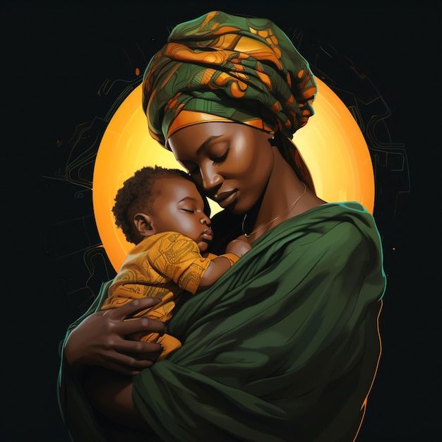 a painting of a woman holding a baby in front of a yellow circle with the sun behind her