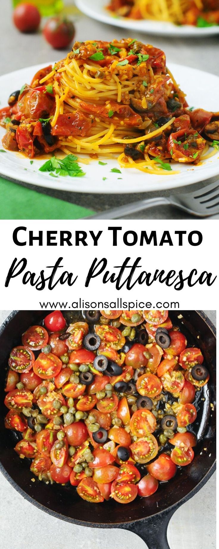 cherry tomato pasta with pesto and olives in a skillet on a table