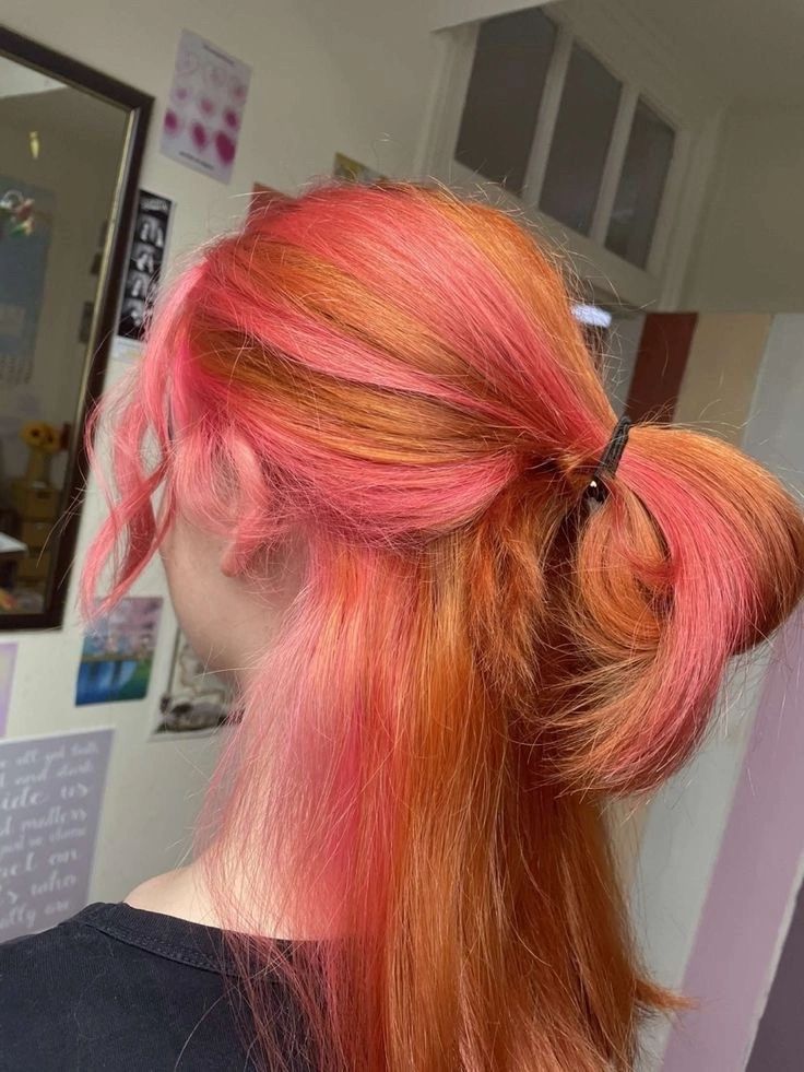 Natural Red And Pink Hair, Orange Streaks In Blonde Hair, Pink On Ginger Hair, Ginger To Pink Hair, Ginger Blonde And Pink Hair, Cooper And Pink Hair, Ginger Pink Highlights, Copper Hair Pink Highlights, Pinkish Orange Hair