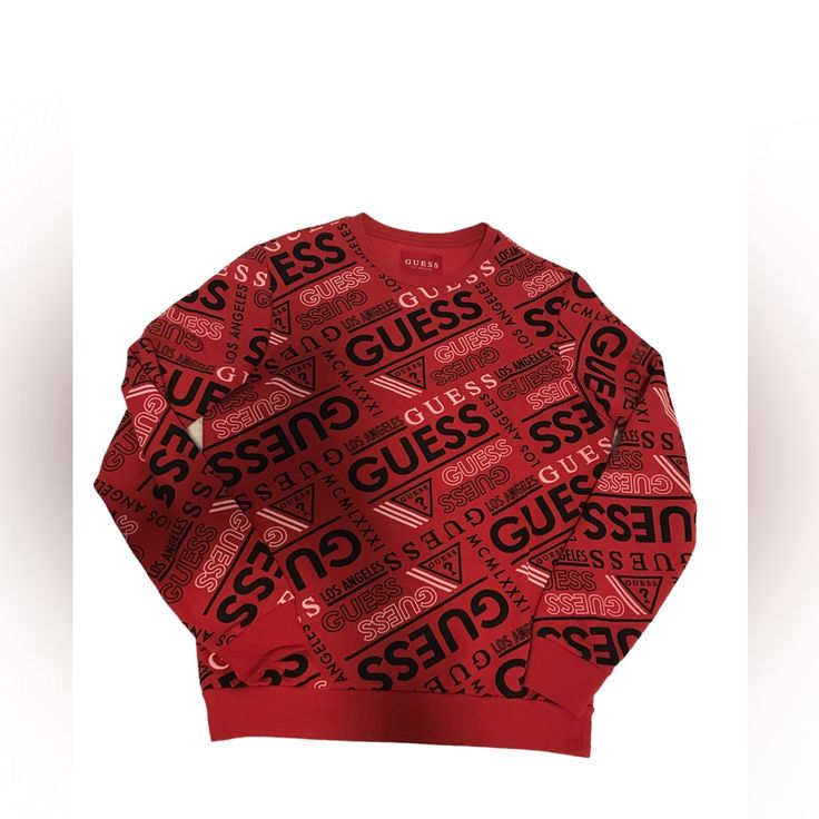 All Over Guess Logo Crewneck. Color: Red * Brand New Without Tags Red Logo Print Sweatshirt For Fall, Fall Red Sweatshirt With Logo Print, Trendy Red Cotton Sweater, Trendy Red Tops With Logo Print, Casual Red Sweater With Graphic Print, Red Graphic Print Crew Neck Sweater, Red Crew Neck Sweater With Graphic Print, Trendy Red Crew Neck Sweatshirt, Trendy Red Sweatshirt For Spring