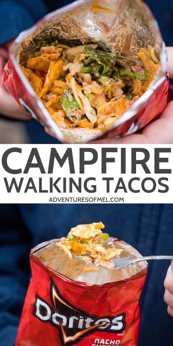 a person holding a bag of food with the words campfire walking tacos on it