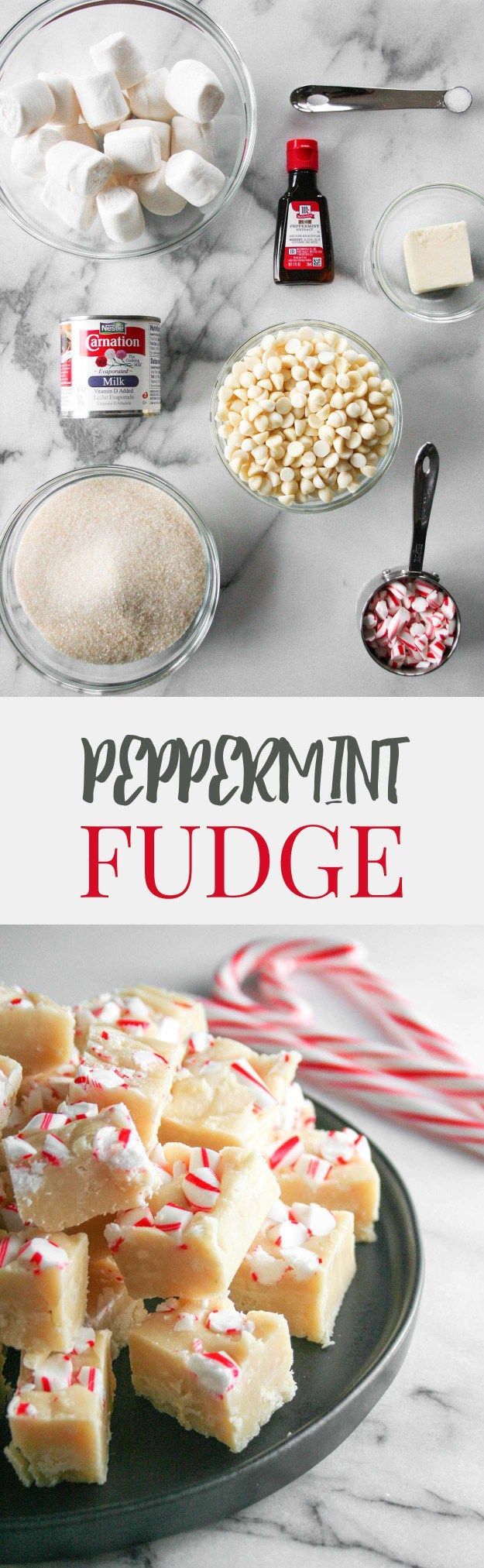 the ingredients for peppermin fudge are displayed on a plate with candy canes and marshmallows