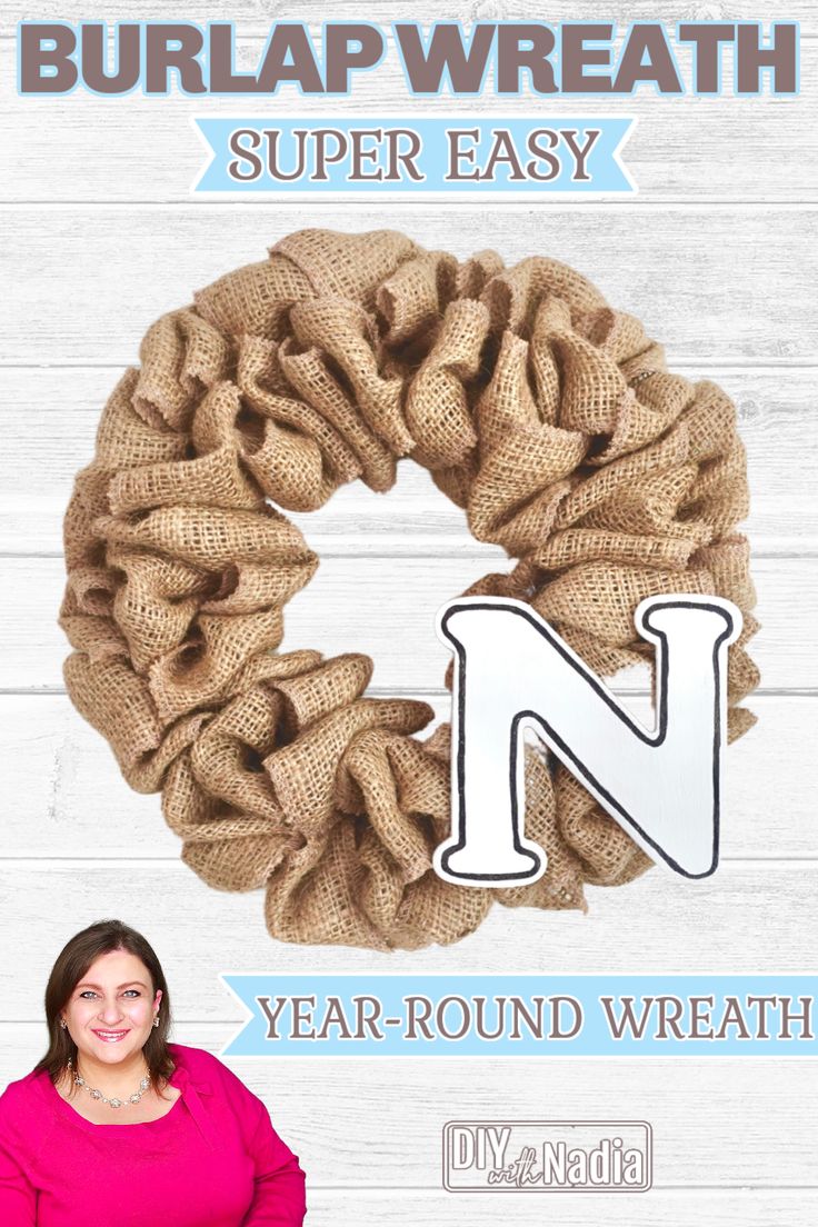 a woman standing in front of a burlap wreath with the letter n on it