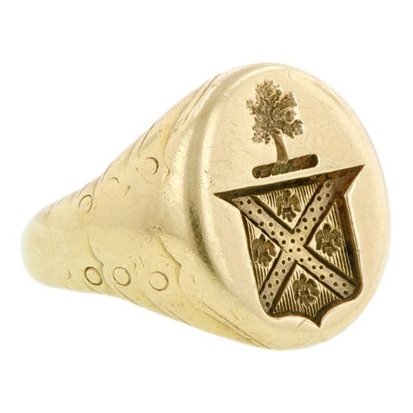 Measuring app. 18mm at widest, featuring a crest, fashioned in 14k. Circa 1940. Size 9.25. Heirloom Oval Signet Ring With Coat Of Arms, Classic Yellow Gold Engraved Ring With Coat Of Arms, Classic Oval Signet Ring With Coat Of Arms, Formal Yellow Gold Signet Ring With Coat Of Arms, Classic Coat Of Arms Ring, Formal Yellow Gold Coat Of Arms Ring, Formal Yellow Gold Engraved Ring With Coat Of Arms, Classic Collectible Signet Ring With Coat Of Arms, Classic Formal Rings With Coat Of Arms