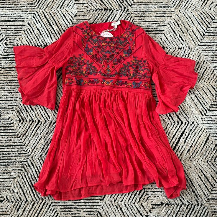 Flowy, Embroidered, Lightweight. Lined. From Smoke Free Home. Nwt Summer Embroidered Rayon Dresses, Embroidered Rayon Dresses For Summer, Red Folk Style Dress For Spring, Red Folk Style V-neck Dress, Embroidered Red Mini Dress For Summer, Red Embroidered Mini Dress For Summer, Red Floral Embroidered Dress For Fall, Flowy Rayon Dress With Floral Embroidery, Red Fitted Tunic Dress