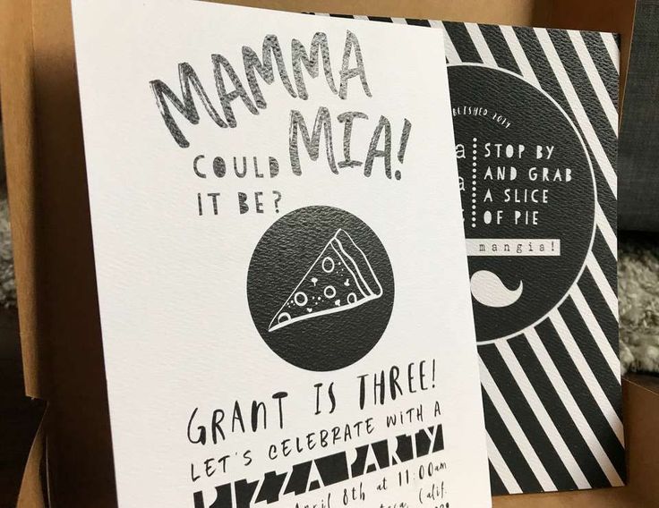 there is a card that says, mama could't it be? and an image of a slice of pizza