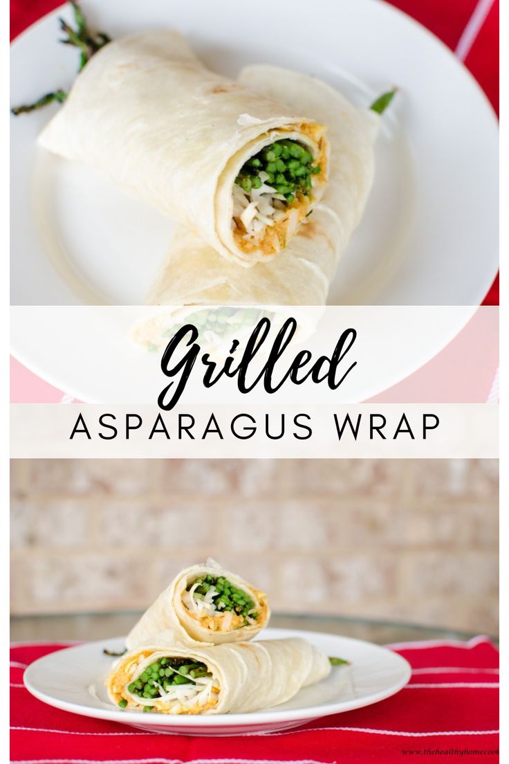 an image of grilled asparagus wrap on a plate with text overlay