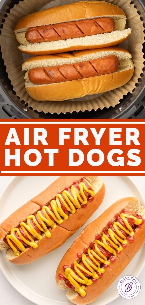 two hot dogs with mustard and ketchup on buns in an air fryer