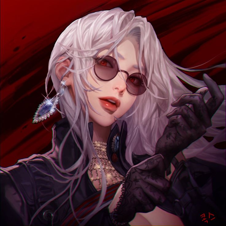 an anime character with white hair and black gloves holding a butterfly in her hand while wearing sunglasses