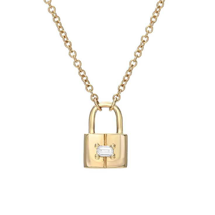 Padlocks in jewelry are a timeless symbol of love, commitment and our connections to one another. Celebrate love with this adorable, hand-crafted high polish 14k gold padlock pendant necklace, highlighted with a stunning baguette diamond, hung from a 16-18" adjustable chain. Luxury Lock Jewelry For Gift, Elegant Lock Necklace For Anniversary, Yellow Gold Necklace With Lock As Gift, Elegant Necklace With Lock Detail As Gift, Elegant Necklace With Lock Detail For Gift, Gold Necklaces With Lock For Anniversary, Elegant Everyday Necklaces With Lock Detail, Elegant Lock Necklace For Gift, Diamond Centerpiece