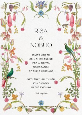 a wedding card with flowers and birds on the front, in white paper that says risa and nobuo