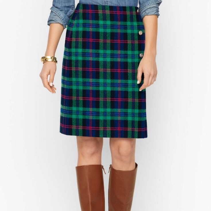 Talbots Sz 10 Wool Blend Tartan Plaid Skirt Navy Blue Green Brand New With Tags A-Line Hits Above Knee Invisible Side Zip Closure Lined Material: 48% Wool, 27% Polyester, 25% Viscose; Lining: 100% Polyester Care: Dry Clean Gw1104 Tropical Print Skirt, Tartan Fashion, Floral Pleated Skirt, Cotton Midi Skirt, Plaid Pencil Skirt, Long Denim Skirt, Knit Maxi Skirt, Tweed Pencil Skirt, Wool Mini Skirt