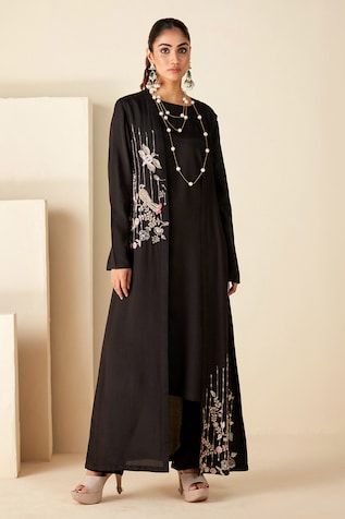 Black longline jacket with floral and bird motif embroidery. Paired with a plain black tunic and pant. - Aza Fashions Elegant Floral Embroidered Kurta For Workwear, Elegant Floral Embroidered Workwear Kurta, Elegant Floral Embroidered Kurta For Work, Elegant Floral Embroidery Workwear Kurta, Elegant Spring Nehru Jacket In Straight Kurta Style, Elegant Floral Embroidered Kurta For Fall, Elegant Fall Kurta With Floral Embroidery, Elegant Floral Embroidery Kurta For Fall, Elegant Nehru Jacket For Spring