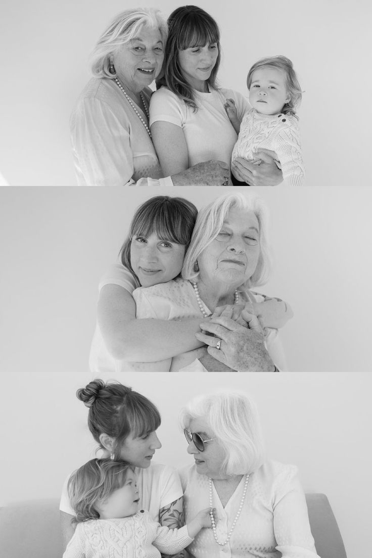 three women and one baby are shown in black and white, while the third woman is holding