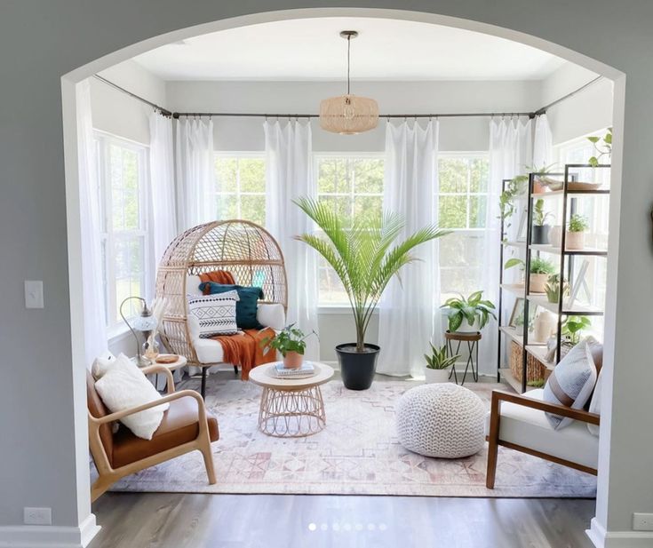 a living room filled with lots of furniture and plants on top of windowsills