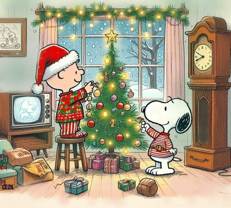 a charlie brown christmas card with snoop and his dog in front of the tree, watching tv