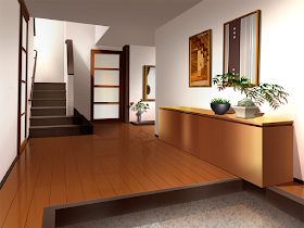 the interior of a house with stairs and potted plants