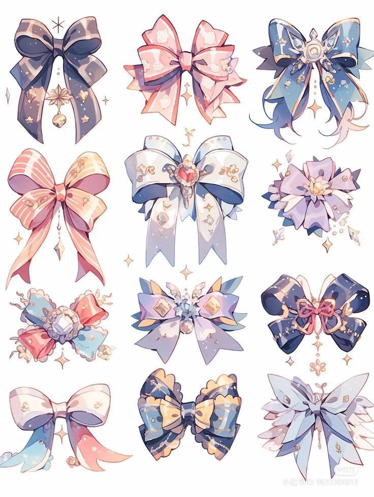 many different types of bows are shown in this drawing style, with stars and sparkles all over them