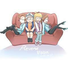 an animated image of three people sitting on a couch with the caption reverse falls