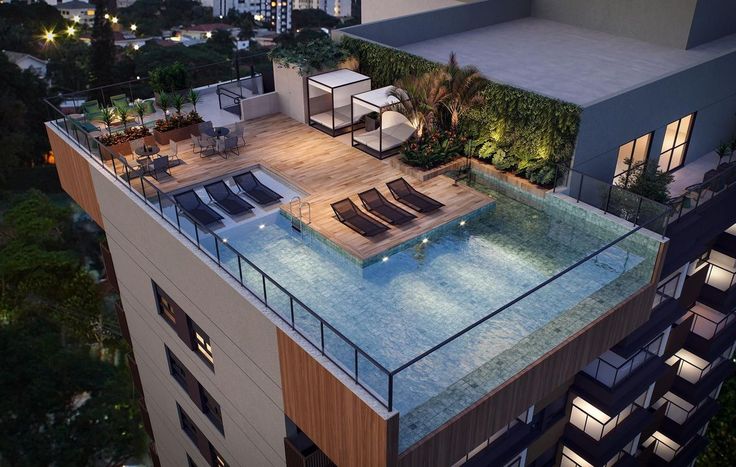 an aerial view of a rooftop pool at night