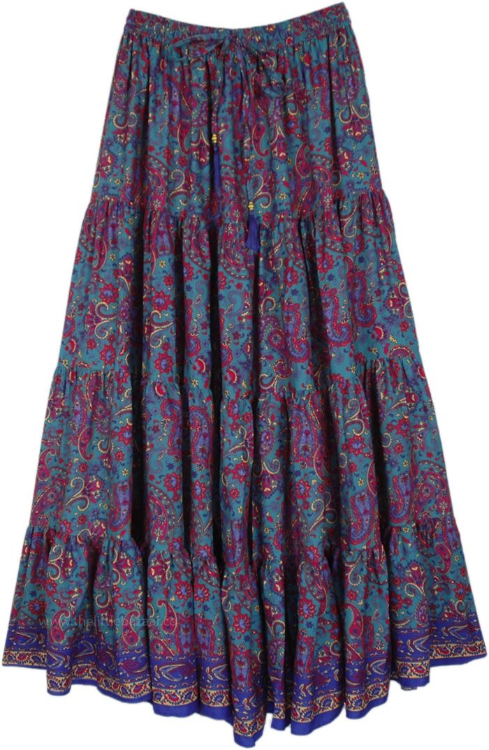 A beautiful long skirt with a gorgeous all-over pattern of Indian paisley motifs. The skirt looks stunning and is very comfortable, especially with its elastic waist and flowy soft fabric. #tlb #Floral #Printed #Paisley #FlowySkirt Long Paisley Print Skirt, Flowy Long Skirt With Paisley Print, Long Flowy Skirt With Paisley Print, Flowy Long Paisley Print Skirt, Blue Boho Print Flowy Maxi Skirt, Flowy Paisley Print Tiered Skirt, Flowy Tiered Skirt With Paisley Print, Flowy Blue Boho Print Maxi Skirt, Bohemian Style Blue Relaxed Maxi Skirt