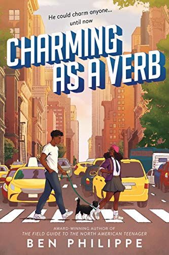 the cover to charming as averb by ben phillips, with an illustration of two people walking their dog