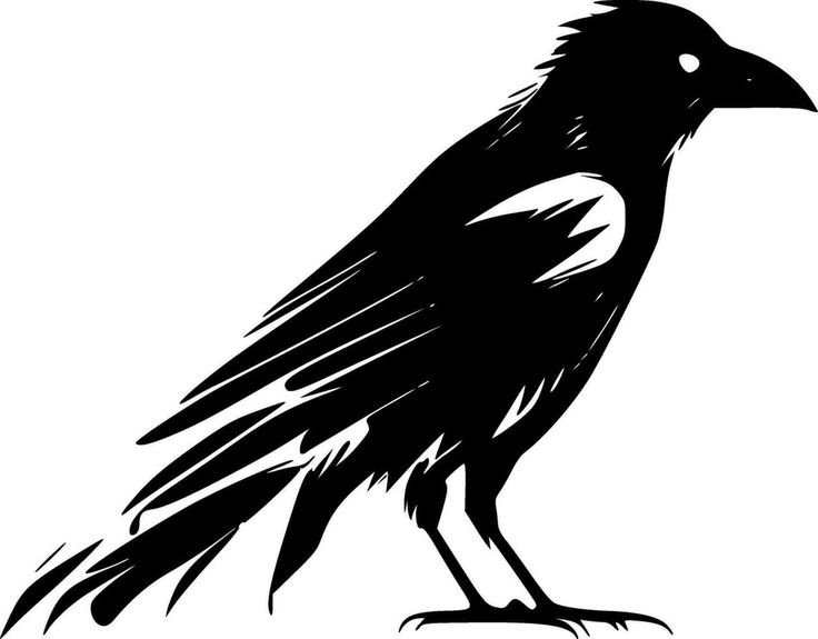 a black and white drawing of a crow