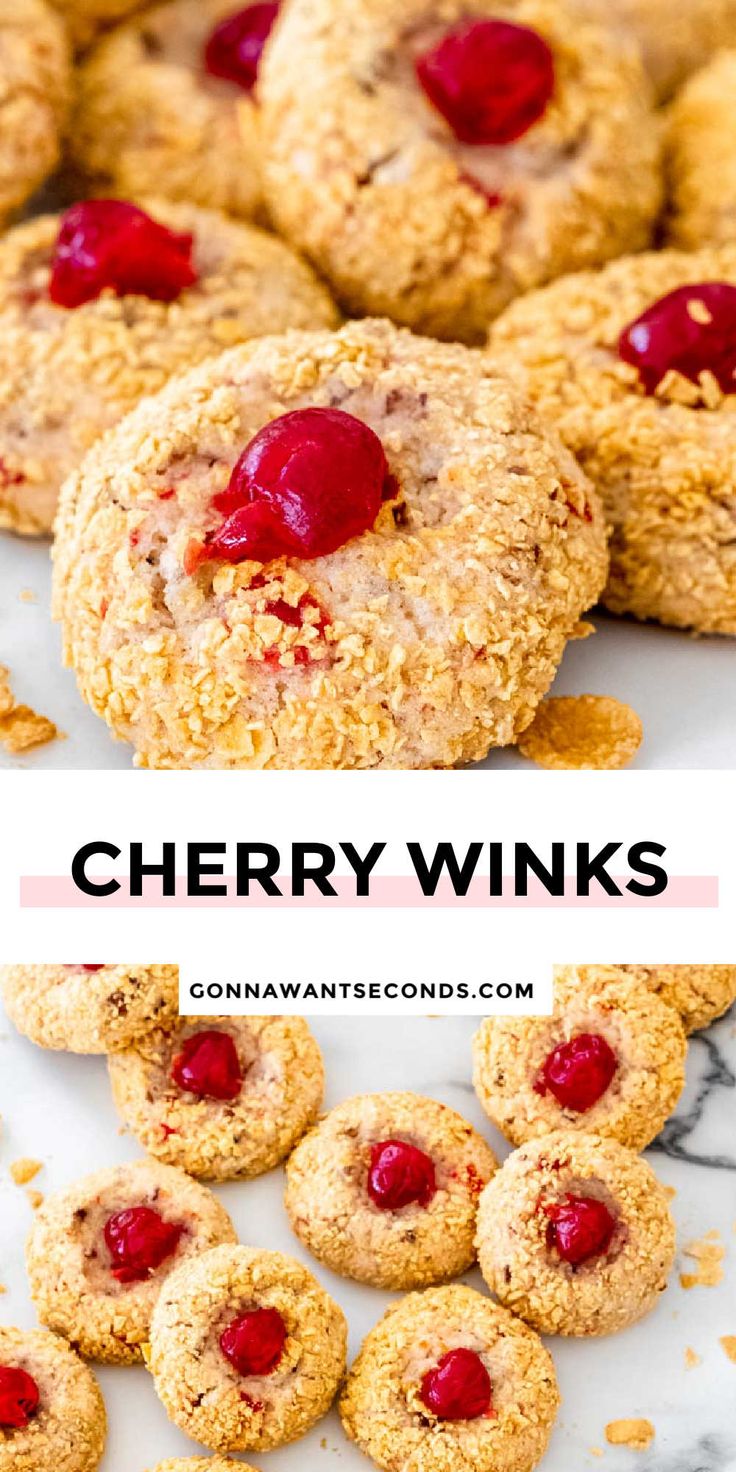 cookies with cherries on top and the words cherry winks overlaying them