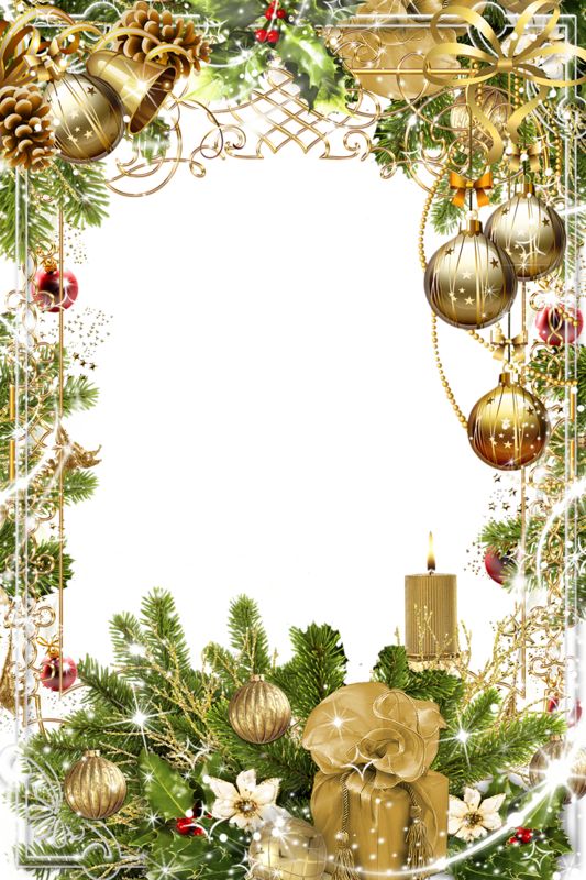 a christmas frame with ornaments and candles