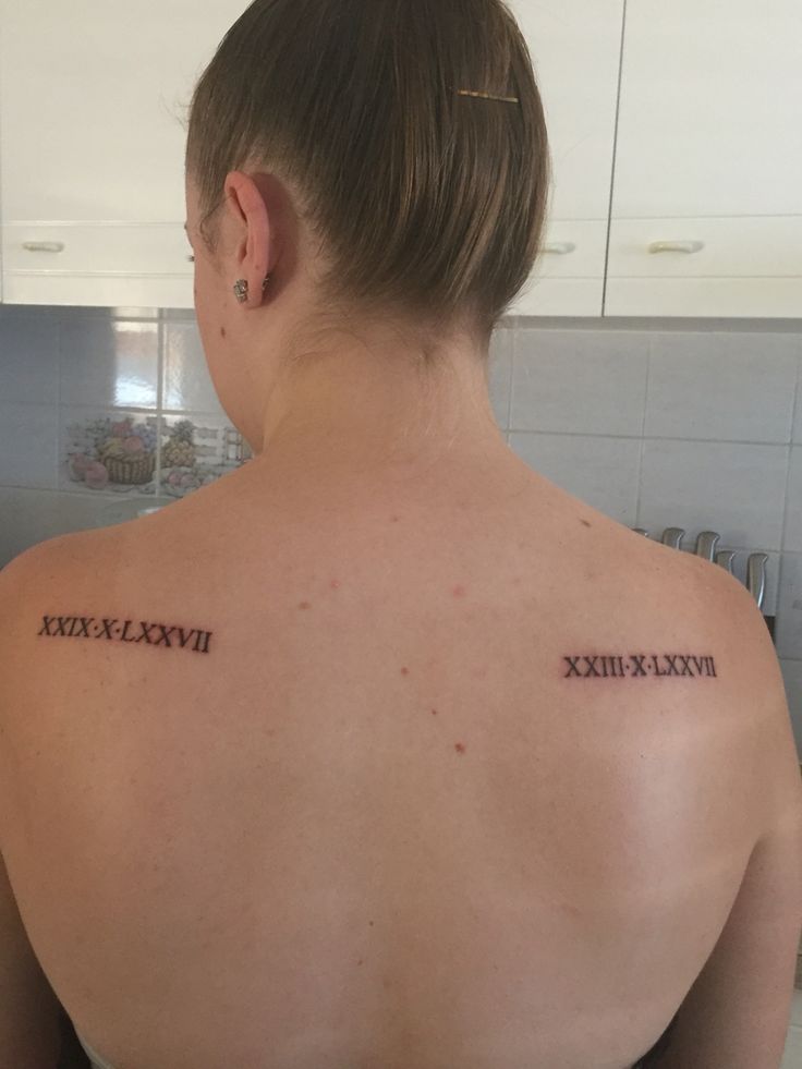 the back of a woman's shoulder with roman numerals tattooed on it