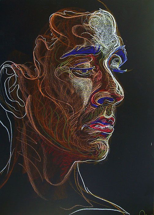 a drawing of a man's face with colored lines on the upper half of his face