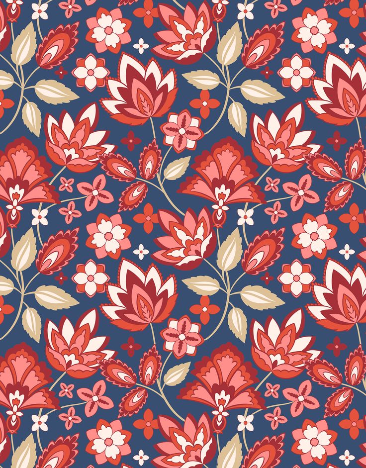 a blue and red floral pattern with white flowers