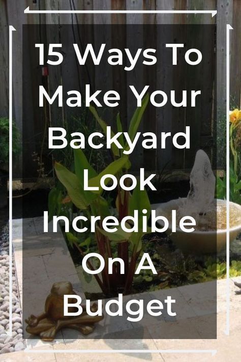 a backyard with rocks and plants on the ground text reads 15 ways to make your backyard look incredible on a budget