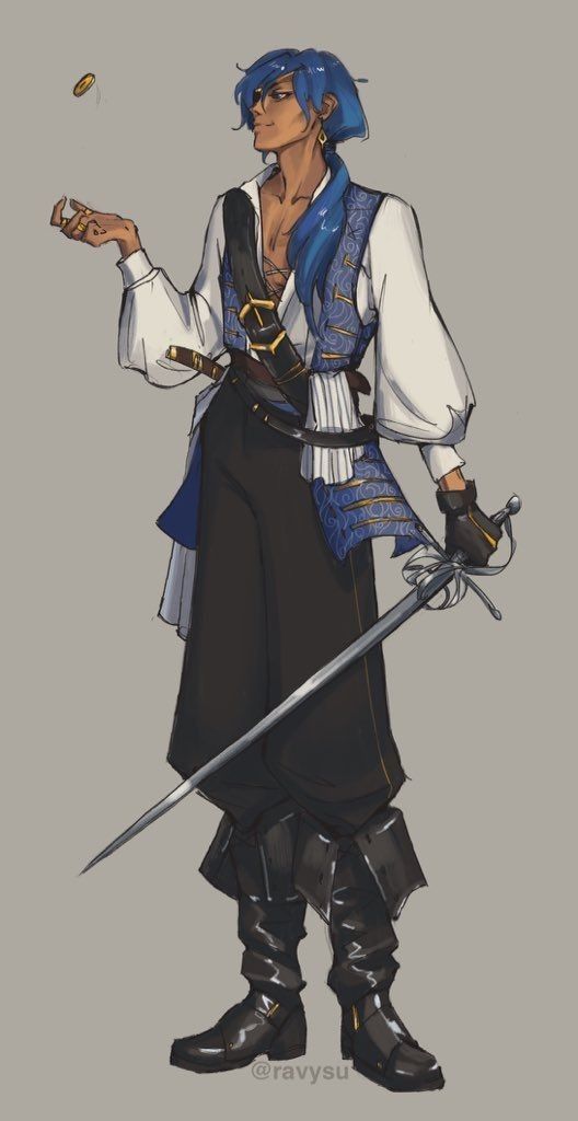 a man with blue hair and black pants holding two swords in one hand, while wearing a