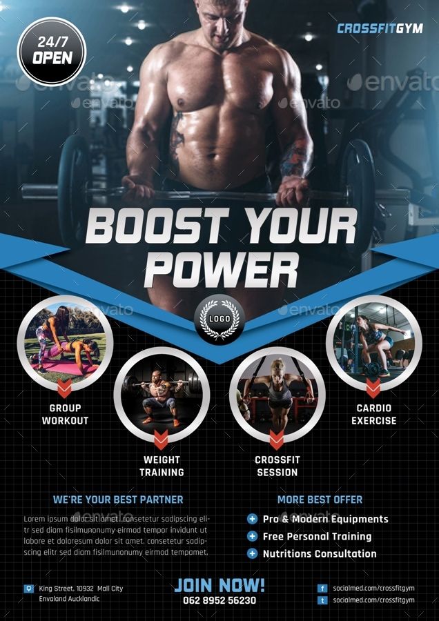 a flyer for a bodybuilding gym with an image of a man in the background