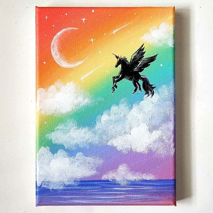 an acrylic painting of a unicorn flying in the sky with a rainbow background