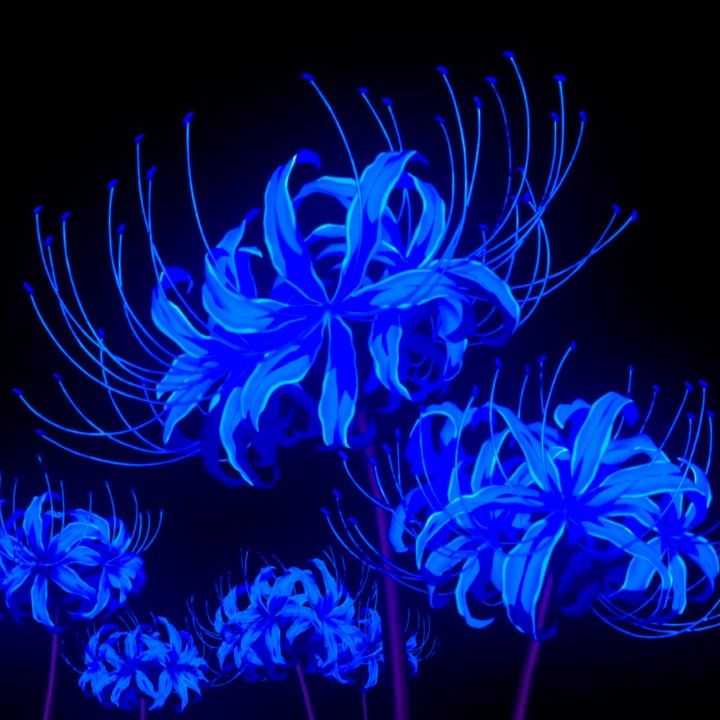 three blue flowers are lit up in the dark with long stems and leaves on them