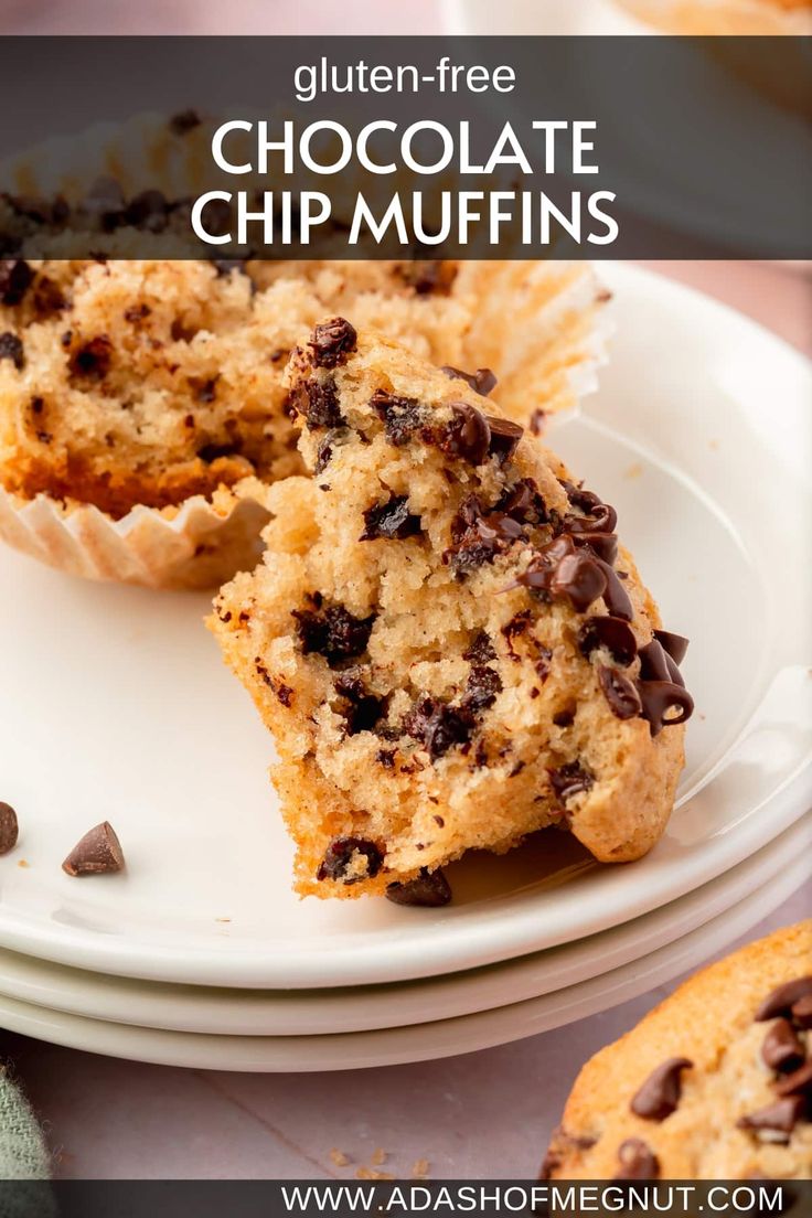 chocolate chip muffins on a white plate with text overlay