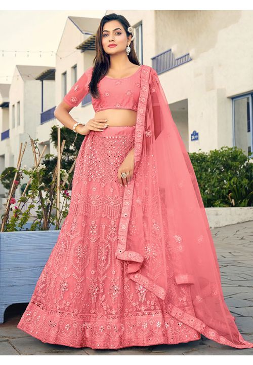 Salmon Pink Embroidered Georgette Lehenga Choli Heavy Lehenga, Bridesmaid Lehenga, Butterfly Net, Indian Lehenga Choli, Lehenga Choli Wedding, Reception Lehenga, Party Wear Lehenga Choli, Net Blouses, Lehenga Style