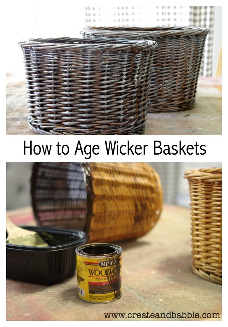 wicker baskets with the words how to age wicker baskets on top and bottom