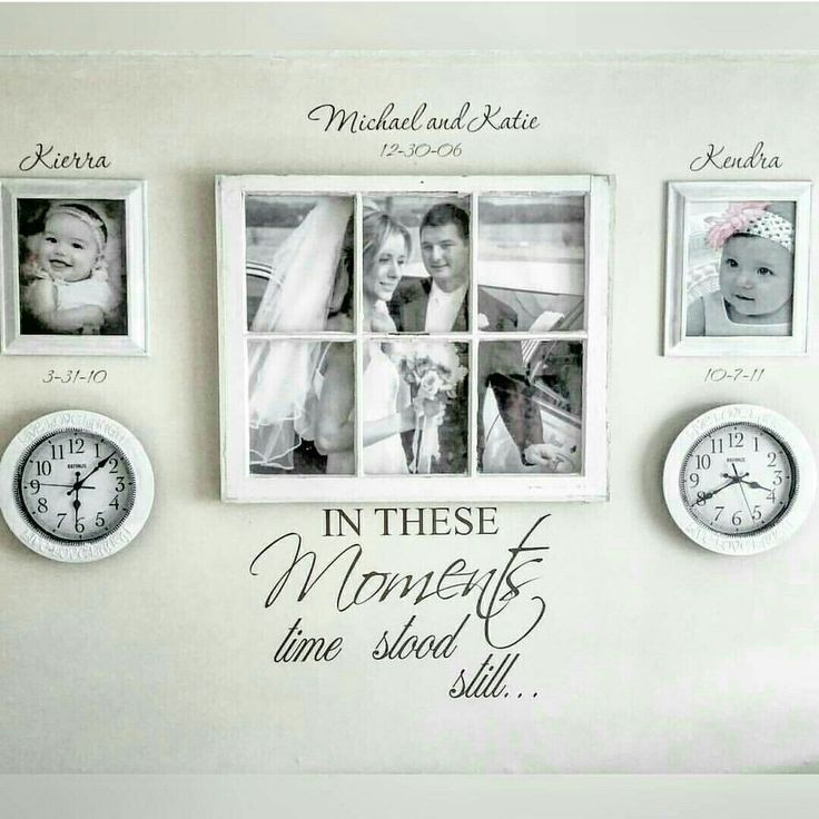 a wall with clocks and family pictures on it