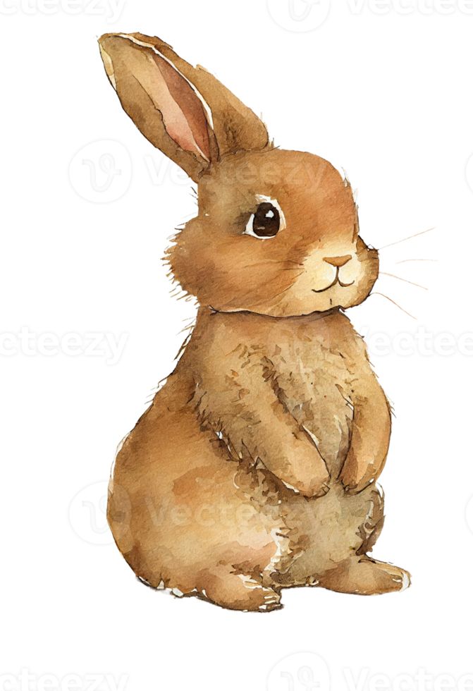 a watercolor painting of a brown rabbit sitting on its hind legs and looking at the camera